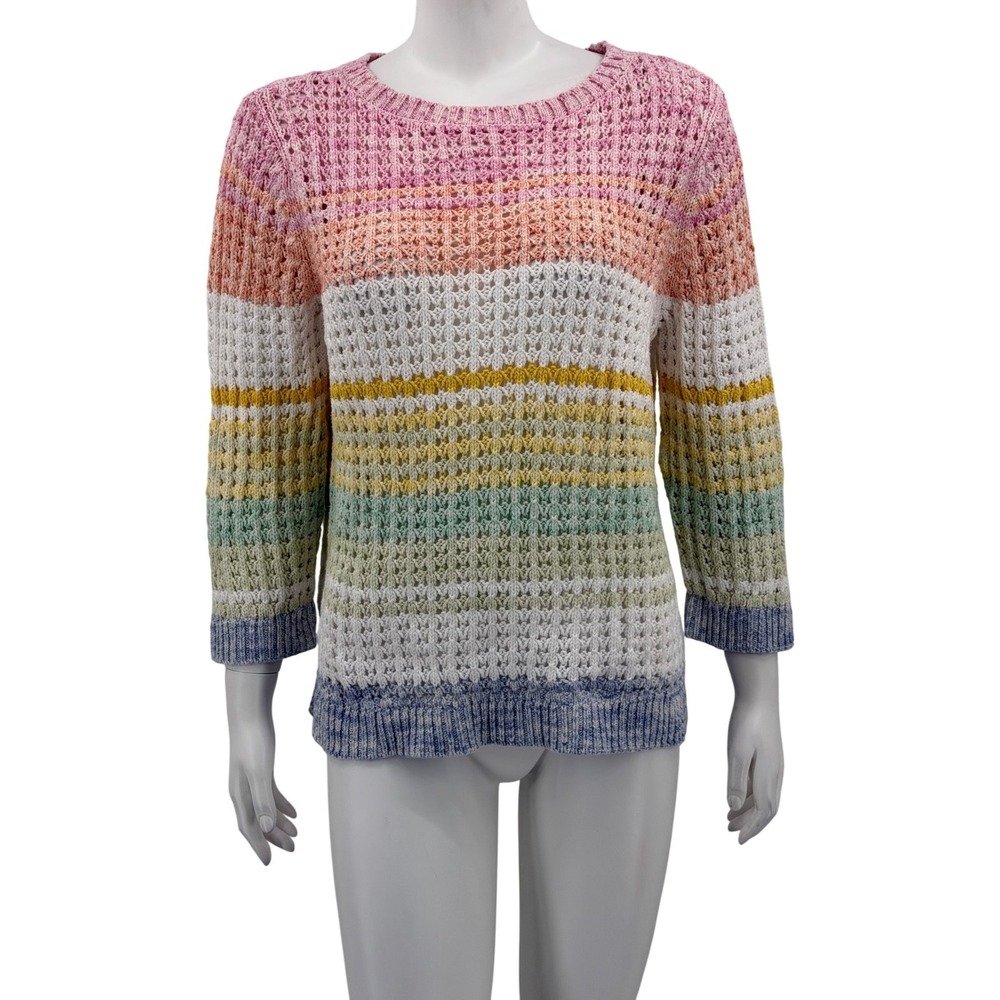 Talbots Sweater Womens XL Rainbow Stripe Colorful Open Knit Preppy Cotton Beach